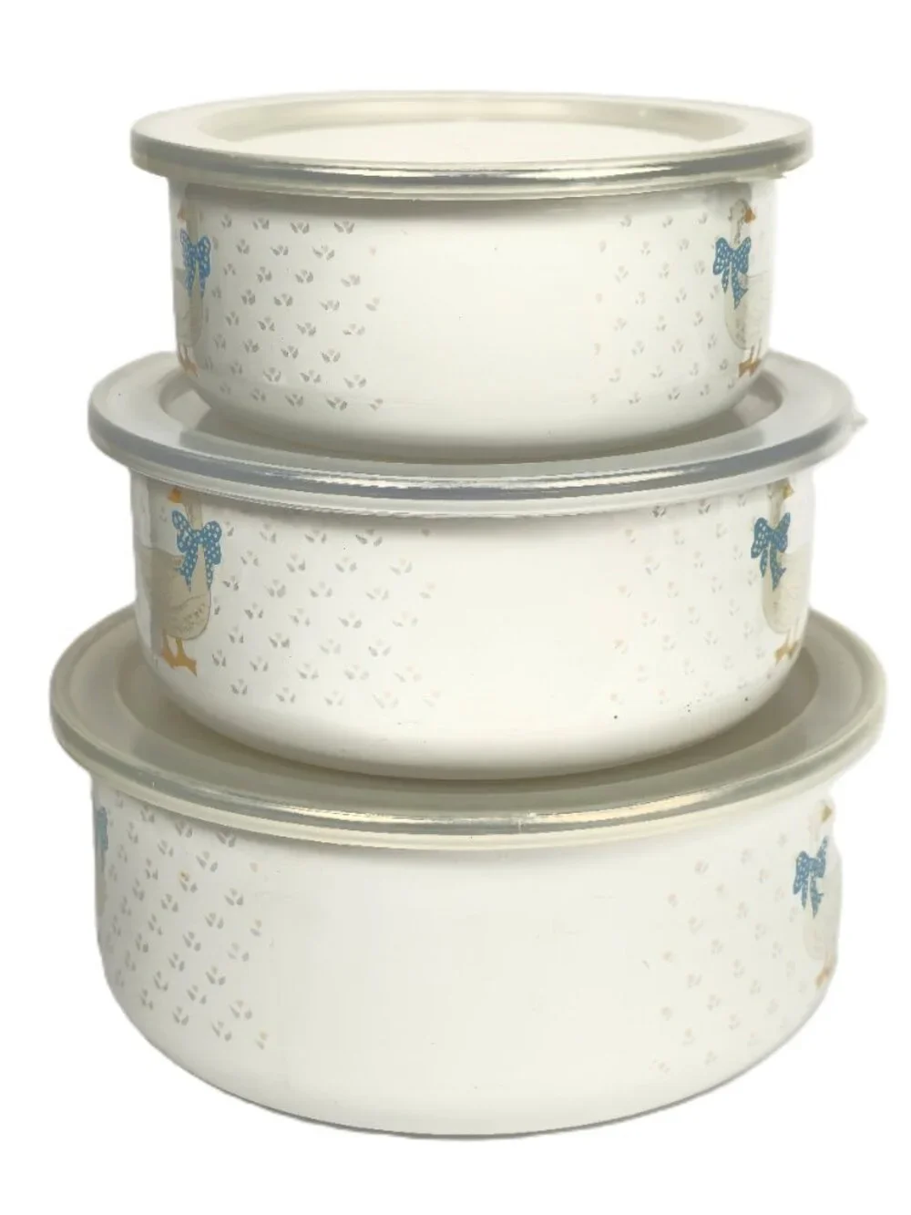 Vintage Goose Enamelware Nesting Bowls Set of 3 with Lids Country Farm Kitchen